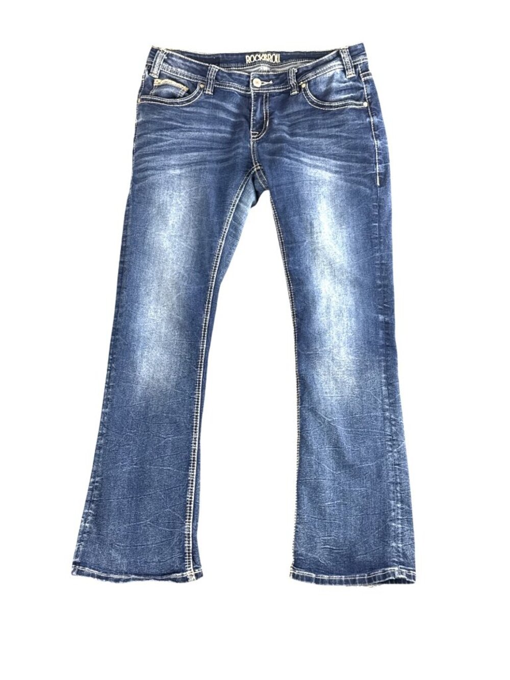 Rock & Roll Cowgirl Rival Low Rise Bootcut Jeans Womens 32x32 Blue Stretch Denim